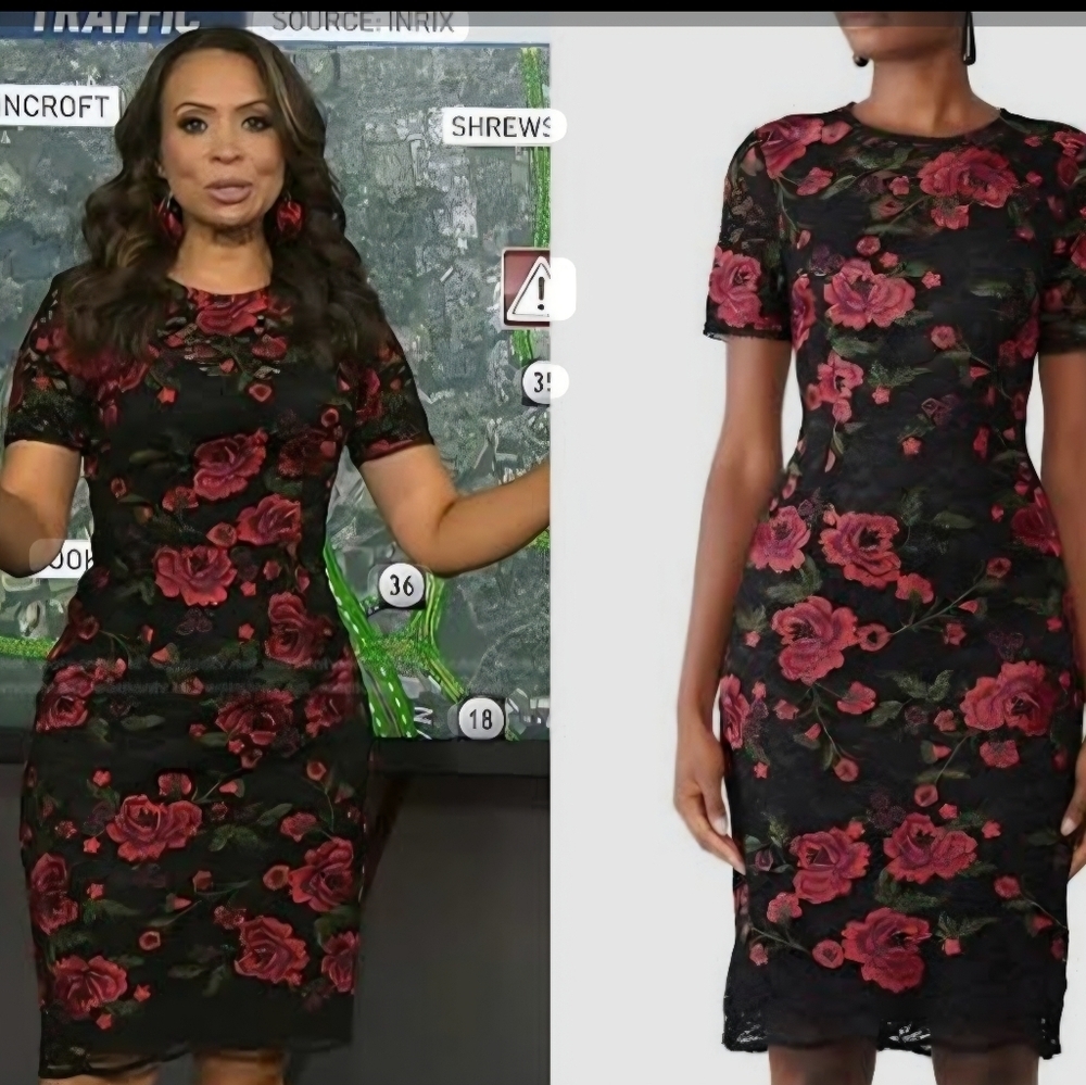 Trina Turk Women's Dress Floral Red Black Size 10 Lace Midi Length Embroidered - Picture 3 of 16